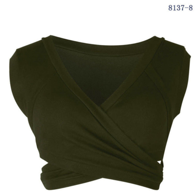 2020 New Fashion Summer Women Cotton V-Neck Slim Crop Top Bandage Short Sleeve Camis Tees Tanks Bandeau Top Party Clothes Tops