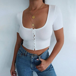 2020 New Fashion Summer Women Cotton V-Neck Slim Crop Top Bandage Short Sleeve Camis Tees Tanks Bandeau Top Party Clothes Tops