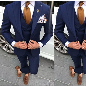 High Quality One Button Navy Blue Groom Tuxedos Peak Lapel Men Suits Wedding/Prom/Dinner Best Man Blazer(Jacket+Pant+Vest)