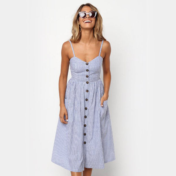 Women's Sexy Summer Midi Dresses Boho Backless Sleeveless Button Striped Dot Solid Midi Dress Slip Sundress With Pockets Robe