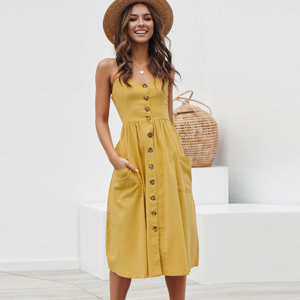 Women's Sexy Summer Midi Dresses Boho Backless Sleeveless Button Striped Dot Solid Midi Dress Slip Sundress With Pockets Robe