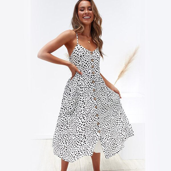 Women's Sexy Summer Midi Dresses Boho Backless Sleeveless Button Striped Dot Solid Midi Dress Slip Sundress With Pockets Robe