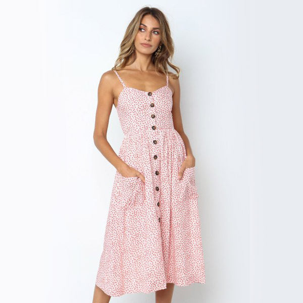 Women's Sexy Summer Midi Dresses Boho Backless Sleeveless Button Striped Dot Solid Midi Dress Slip Sundress With Pockets Robe