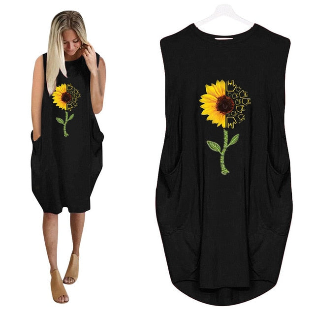 Vintage Oversized Summer Dress Plus Size 5XL Sunflower Printing Women's Dress Baggy Pockets Sleeveless Casual Boho Sundress