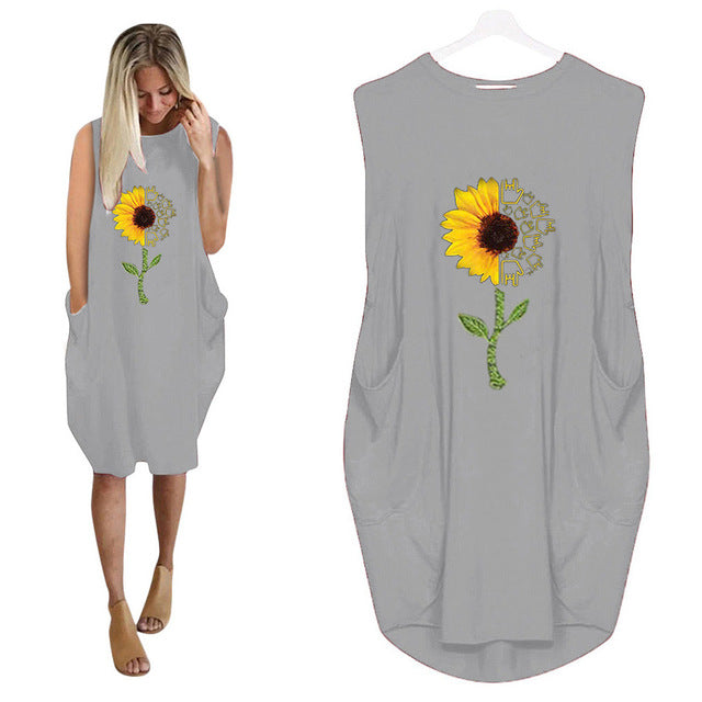 Vintage Oversized Summer Dress Plus Size 5XL Sunflower Printing Women's Dress Baggy Pockets Sleeveless Casual Boho Sundress