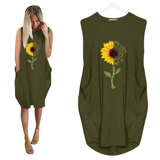 Vintage Oversized Summer Dress Plus Size 5XL Sunflower Printing Women's Dress Baggy Pockets Sleeveless Casual Boho Sundress