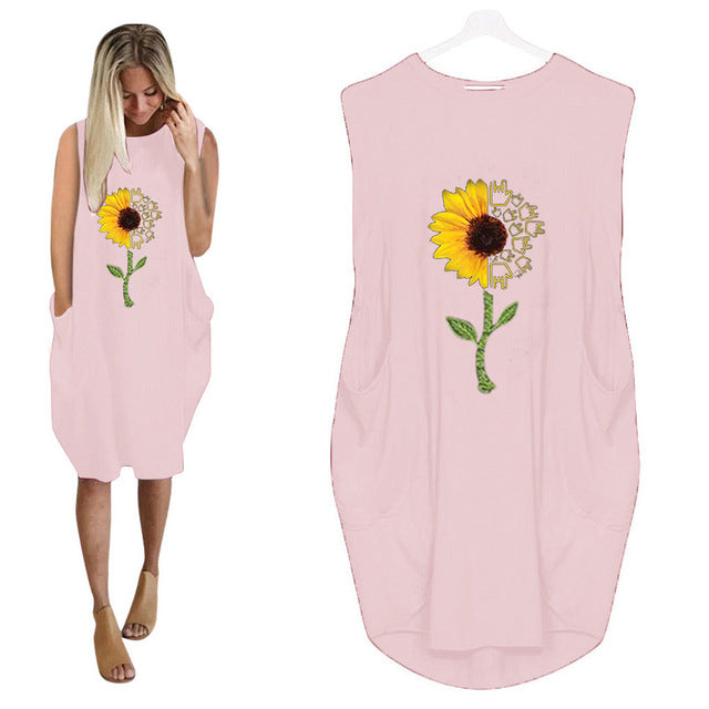 Vintage Oversized Summer Dress Plus Size 5XL Sunflower Printing Women's Dress Baggy Pockets Sleeveless Casual Boho Sundress