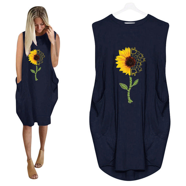 Vintage Oversized Summer Dress Plus Size 5XL Sunflower Printing Women's Dress Baggy Pockets Sleeveless Casual Boho Sundress