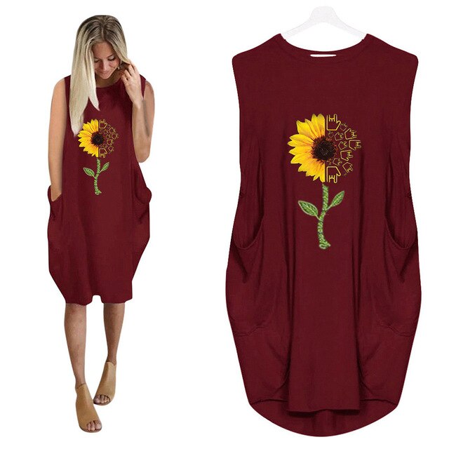 Vintage Oversized Summer Dress Plus Size 5XL Sunflower Printing Women's Dress Baggy Pockets Sleeveless Casual Boho Sundress