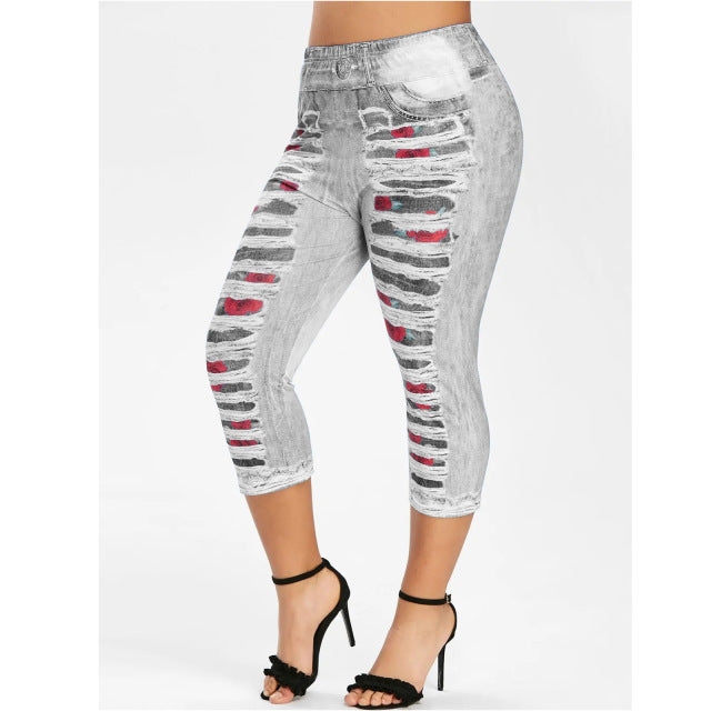 WEPBEL Women Leggings Elastic Waist Denim-like Fabric Patch Leggings Slim Printed Women's Trousers Fashion Summer