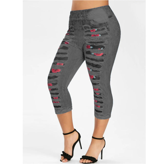WEPBEL Women Leggings Elastic Waist Denim-like Fabric Patch Leggings Slim Printed Women's Trousers Fashion Summer