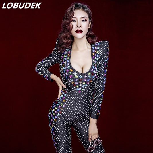 Black Multi-color Rhinestones Jumpsuit Elastic Tights Women Singer Big Crystals Stones Costume Stage DS Stretch Leotard Leggings