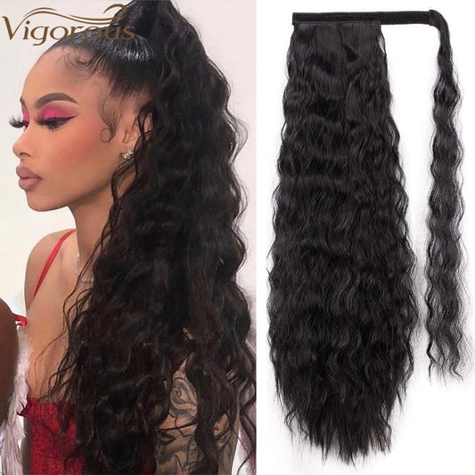 Vigorous Wavy Ponytail Extension for Women Synthetic Wrap Around Magic Paste Ponytail Corn Clip in Hairpiece Black Fake Hair