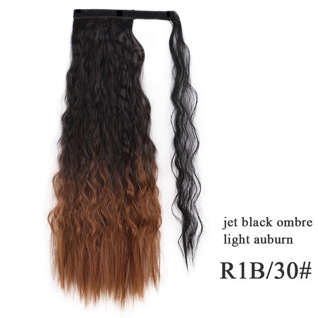 Vigorous Wavy Ponytail Extension for Women Synthetic Wrap Around Magic Paste Ponytail Corn Clip in Hairpiece Black Fake Hair