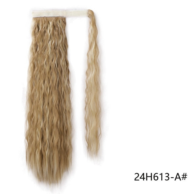 Vigorous Wavy Ponytail Extension for Women Synthetic Wrap Around Magic Paste Ponytail Corn Clip in Hairpiece Black Fake Hair