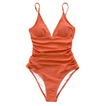 Sexy Solid Orange Shirring V-neck One Piece Swimsuit Women Monokini 2023 Beach Bathing Suit Swimwear