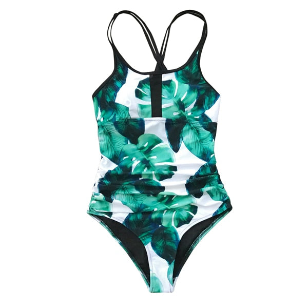 CUPSHE Green Leaf Print Cross One-piece Swimsuit Women Ruched Tied Monokini Swimwear 2021 New Girl Beach Bathing Suits