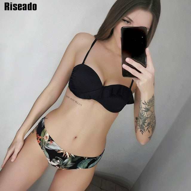 Sexy Bikinis Push Up Swimwear Women Red Swimsuits 2021 Ruffle Bikini Set Floral Print Swim Wear Strap Bathing Suit