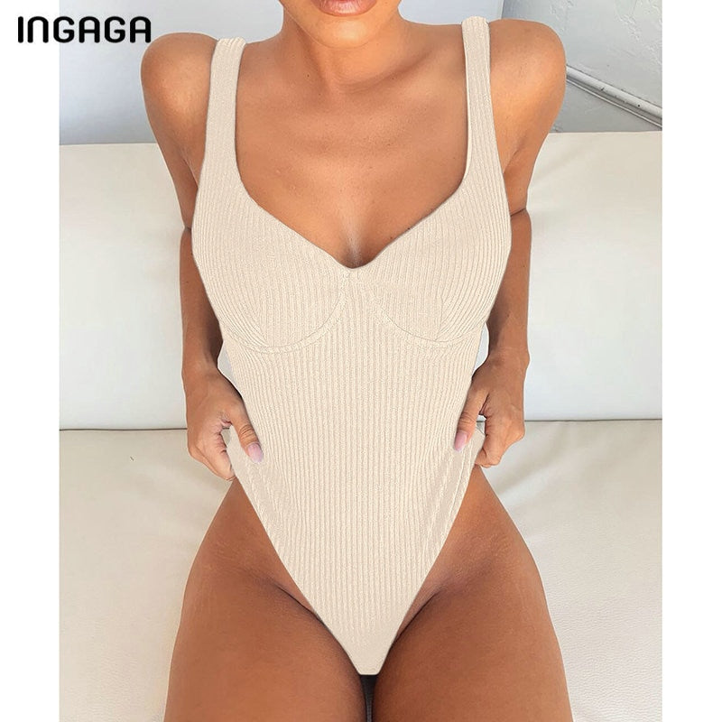 INGAGA Push Up One Piece Swimsuit Sexy High Cut Swimwear Women 2021 Black Bodysuits Summer Padded Bathing Suit Women Swim Wear