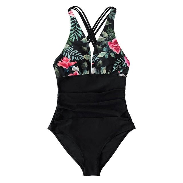 CUPSHE Black Leopard V-neck One-Piece Swimsuit Sexy Crisscross Back Women Monokini 2021 New Girls Beach Bathing Suits Swimwear