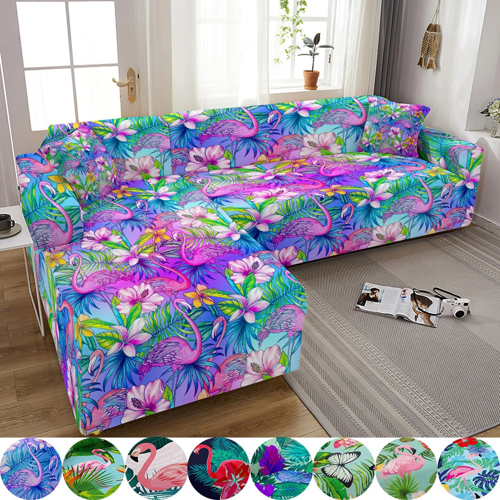 Flamingo Elastic Sofa Covers for Living Room Stretch Tropical Leaves Slipcovers Couch Cover L Shape Funda de sofá de esquina