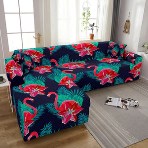 Flamingo Elastic Sofa Covers for Living Room Stretch Tropical Leaves Slipcovers Couch Cover L Shape Funda de sofá de esquina