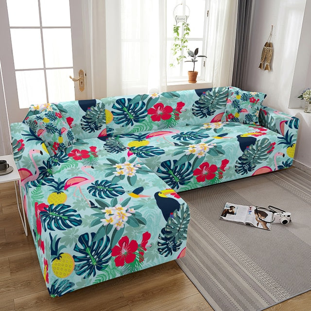 Flamingo Elastic Sofa Covers for Living Room Stretch Tropical Leaves Slipcovers Couch Cover L Shape Funda de sofá de esquina