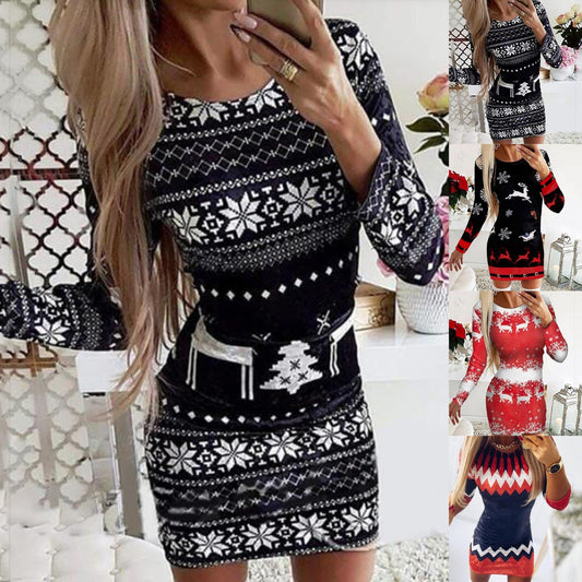 Autumn Winter Knitted Sweater Dress Women Christmas Xmas Deer Printed Long Sleeve Bodycon Mini Dresses Knitwear Sweaters Clothes