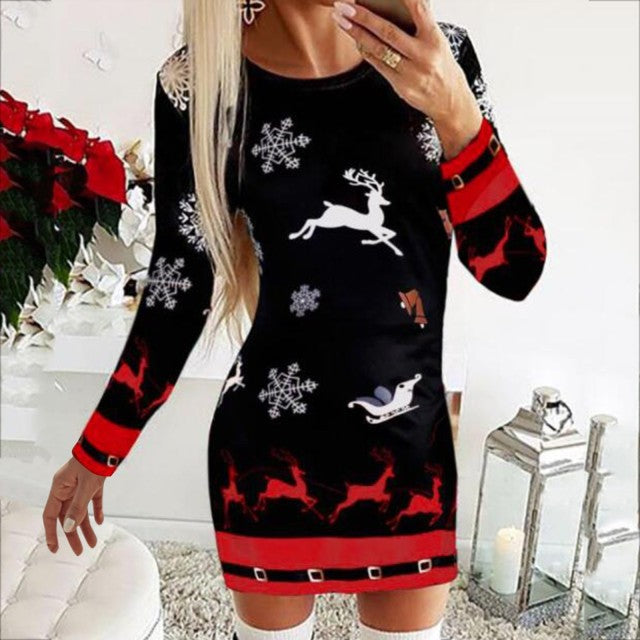 Autumn Winter Knitted Sweater Dress Women Christmas Xmas Deer Printed Long Sleeve Bodycon Mini Dresses Knitwear Sweaters Clothes