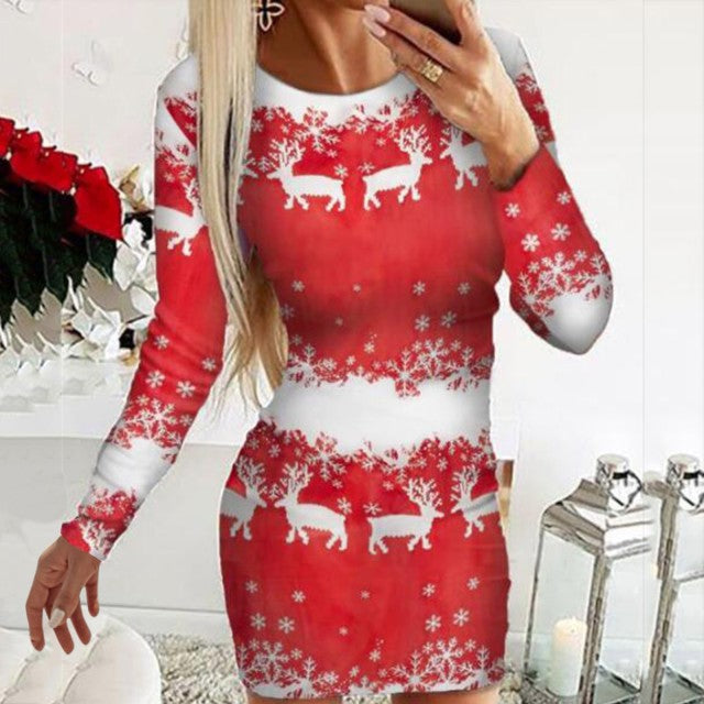 Autumn Winter Knitted Sweater Dress Women Christmas Xmas Deer Printed Long Sleeve Bodycon Mini Dresses Knitwear Sweaters Clothes