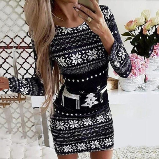 Autumn Winter Knitted Sweater Dress Women Christmas Xmas Deer Printed Long Sleeve Bodycon Mini Dresses Knitwear Sweaters Clothes