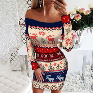 Autumn Winter Knitted Sweater Dress Women Christmas Xmas Deer Printed Long Sleeve Bodycon Mini Dresses Knitwear Sweaters Clothes