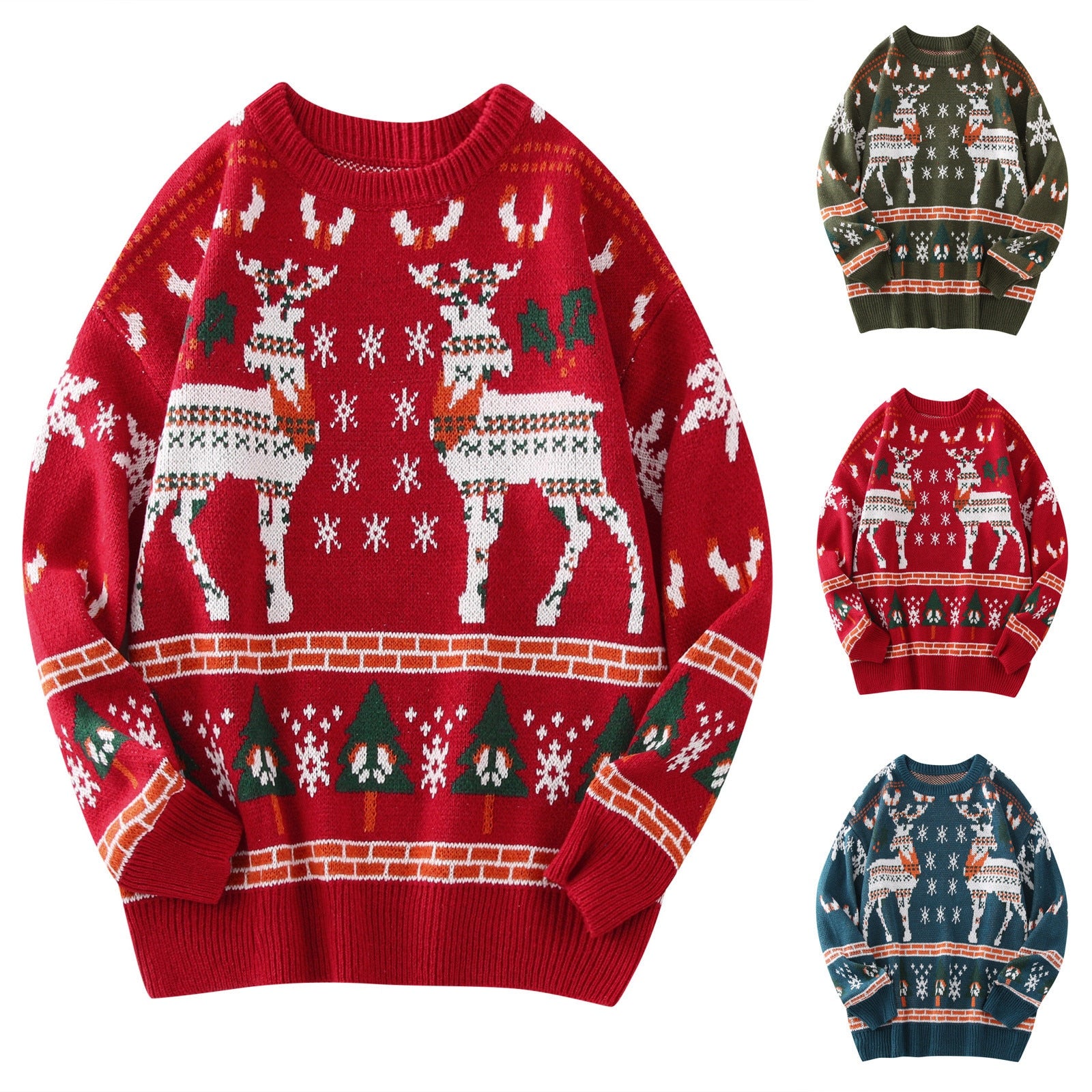 Men Casual Christmas Deer Print Sweater Long Sleeve Round Neck Sweater Blouse Winter Clothes Sweater Vinage Oversize Sweaters