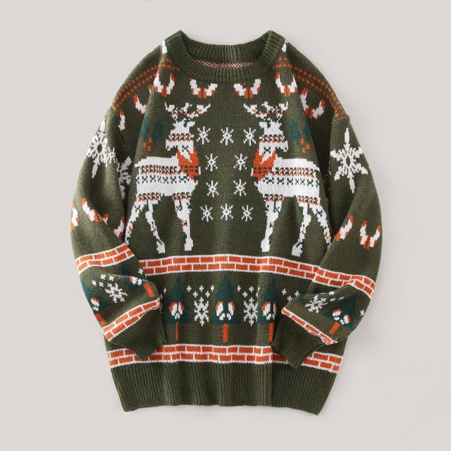 Men Casual Christmas Deer Print Sweater Long Sleeve Round Neck Sweater Blouse Winter Clothes Sweater Vinage Oversize Sweaters