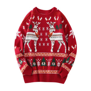 Men Casual Christmas Deer Print Sweater Long Sleeve Round Neck Sweater Blouse Winter Clothes Sweater Vinage Oversize Sweaters