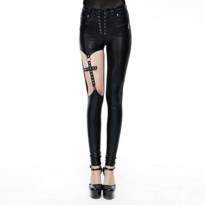Punk Women Lace-up PU Leather Leggings Cross Design Hallow-out Black Pencil Pants Close-fitting Skinny Leggings Pants