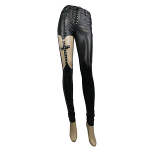 Punk Women Lace-up PU Leather Leggings Cross Design Hallow-out Black Pencil Pants Close-fitting Skinny Leggings Pants
