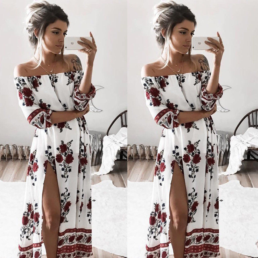 Women Summer Vintage Boho Floral Dresses Sexy Slash Neck Split Long Evening Party Beach Dress Floral Sundress Women Clothing