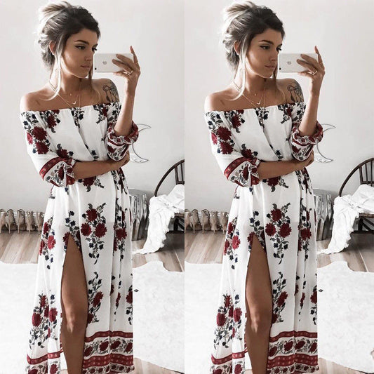 Women Summer Vintage Boho Floral Dresses Sexy Slash Neck Split Long Evening Party Beach Dress Floral Sundress Women Clothing