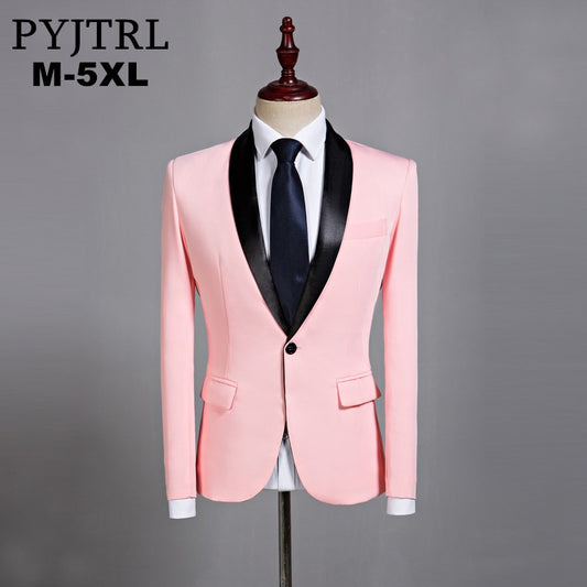 PYJTRL Mens Classic Black Shawl Lapel Pink Casual Blazer DJ Party Stage Singer Wedding Grooms Slim Fit Suit Jacket Costume Homme