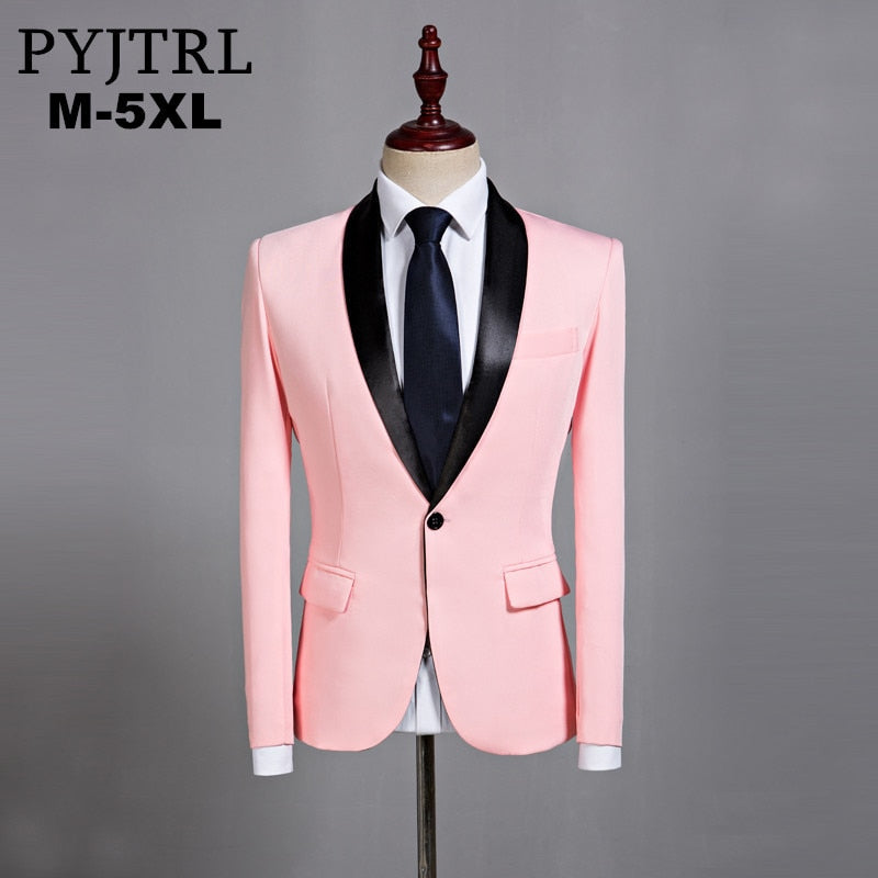 PYJTRL Mens Classic Black Shawl Lapel Pink Casual Blazer DJ Party Stage Singer Wedding Grooms Slim Fit Suit Jacket Costume Homme