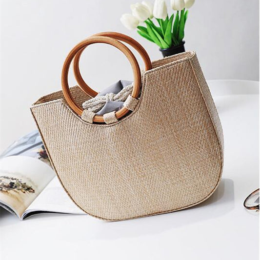 AEQUEEN Summer Circle Wooden Handle Knitted Handbag Straw Bags For Women Tote bag Rattan Crossbody bag Beach Hand Bag bolso