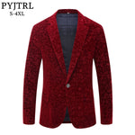 PYJTRL Men Autumn Winter Wine Red Burgundy Velvet Floral Pattern Suit Jacket Slim Fit Blazer Designs Stage Costumes For Singers