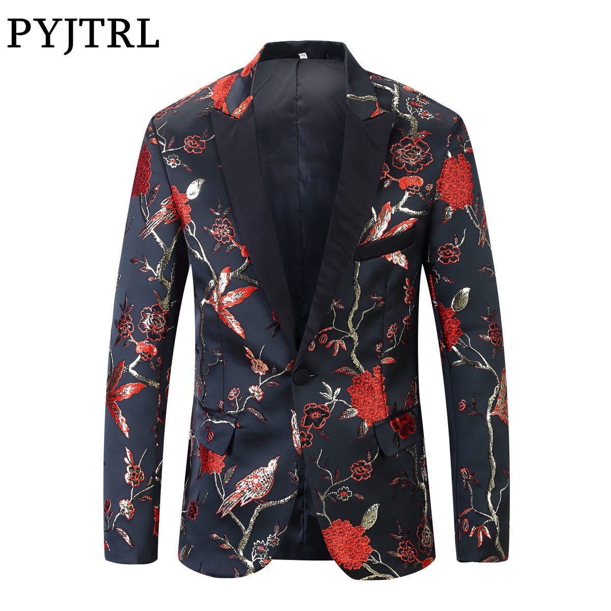 PYJTRL New Red Gold Blue Green Brocade Embroidery Floral Birds Pattern Slim Fit Blazer Designs Men Suit Jacket Stage Singer Wear