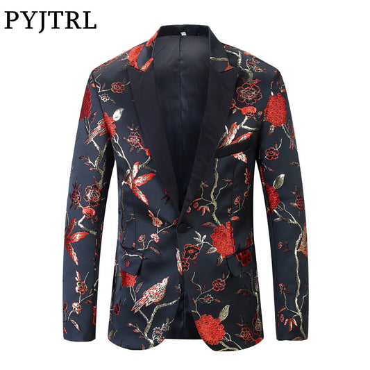PYJTRL New Red Gold Blue Green Brocade Embroidery Floral Birds Pattern Slim Fit Blazer Designs Men Suit Jacket Stage Singer Wear