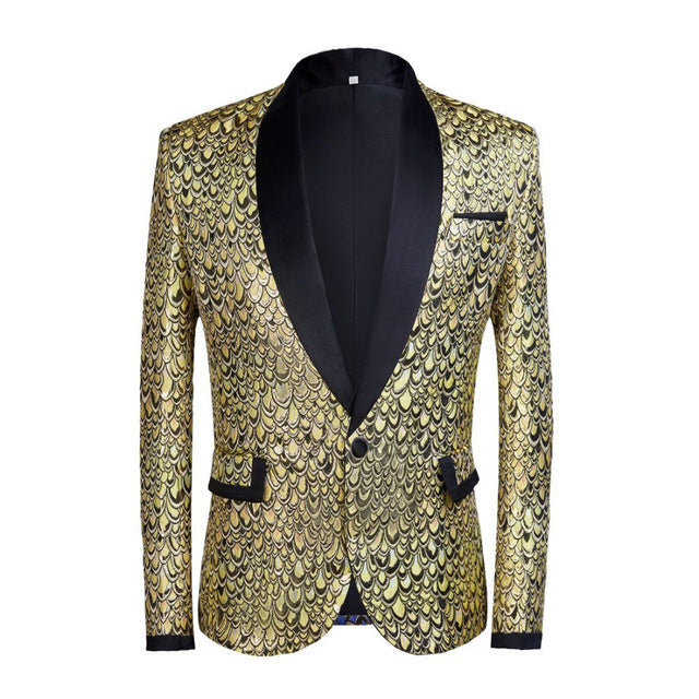PYJTRL Male Shawl Lapel Gold Blue Jacquard Scale Pattern Slim Fit Blazer Hombre Suit Jacket Men Wedding Groom Singers Costume