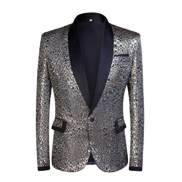 PYJTRL Male Shawl Lapel Gold Blue Jacquard Scale Pattern Slim Fit Blazer Hombre Suit Jacket Men Wedding Groom Singers Costume