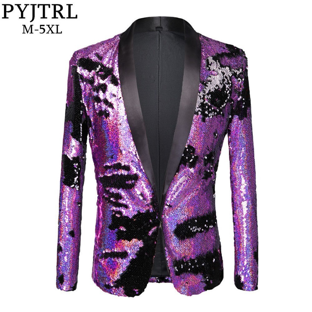 PYJTRL Tide Men Double-Color Purple Black Gold White Sequins Blazer Fashion Punk Nightclub Bar DJ Singers Suit Jacket Costumes