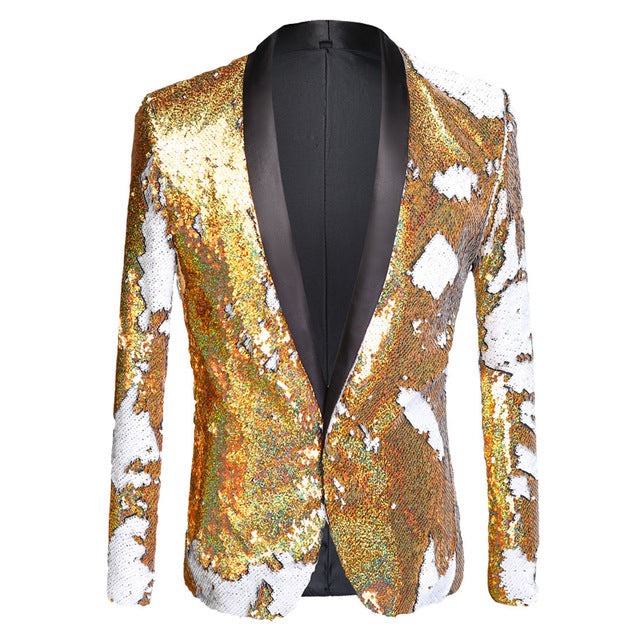 PYJTRL Tide Men Double-Color Purple Black Gold White Sequins Blazer Fashion Punk Nightclub Bar DJ Singers Suit Jacket Costumes