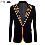 PYJTRL New Mens Fashion Royal Court Prince Black Velvet Gold Embroidery Blazer Wedding Groom Slim Fit Suit Jacket Singer Costume